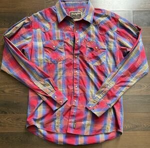 Wrangler Retro 2015 Pearl Snap Plaid Shirt Red Blue Gold L